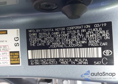 2020 Toyota Corolla Le из США, поврежденный, VIN JTDEPRAE1LJ025956